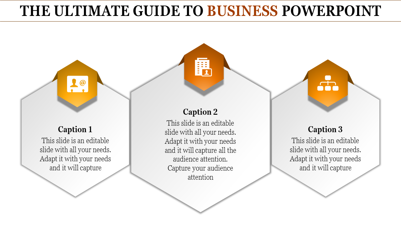 Template highlighting three business concepts with orange icons and captions under hexagonal shapes.