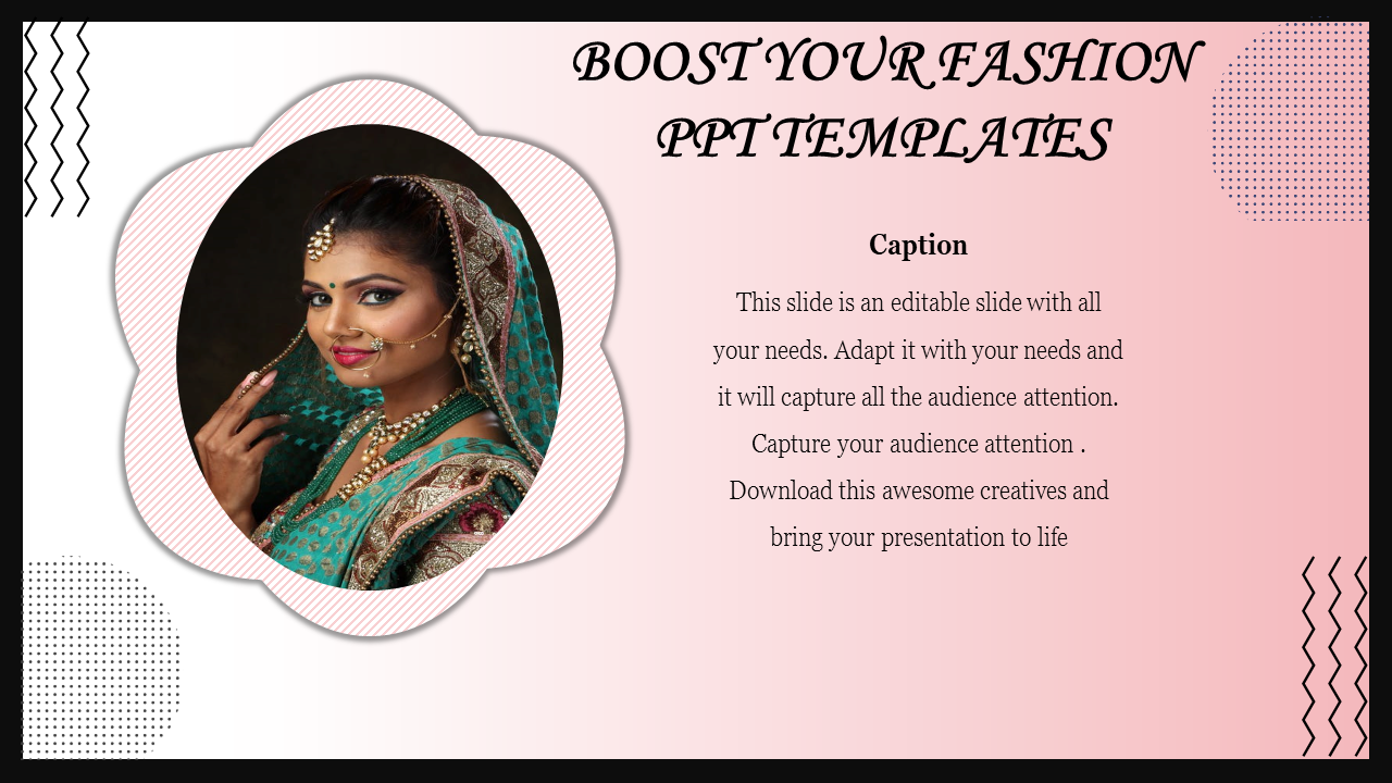 Fashion slide with ornate frame photo in pink gradient background, decorated with zigzag and dotted patterns.