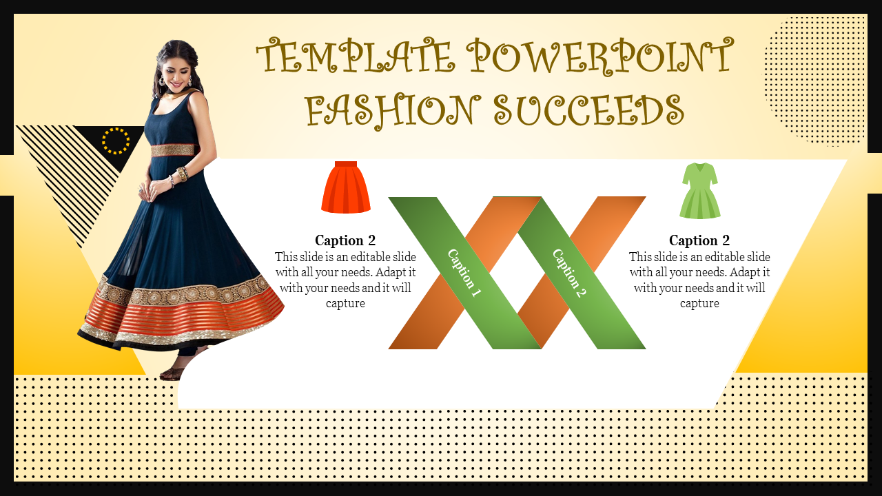 Fashion PowerPoint template with a stylish dress image and captions for different fashion related categories.