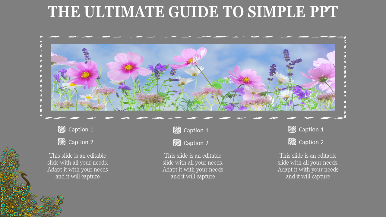 Slide with a floral banner of pink and purple flowers on a gray background, featuring three captions below.