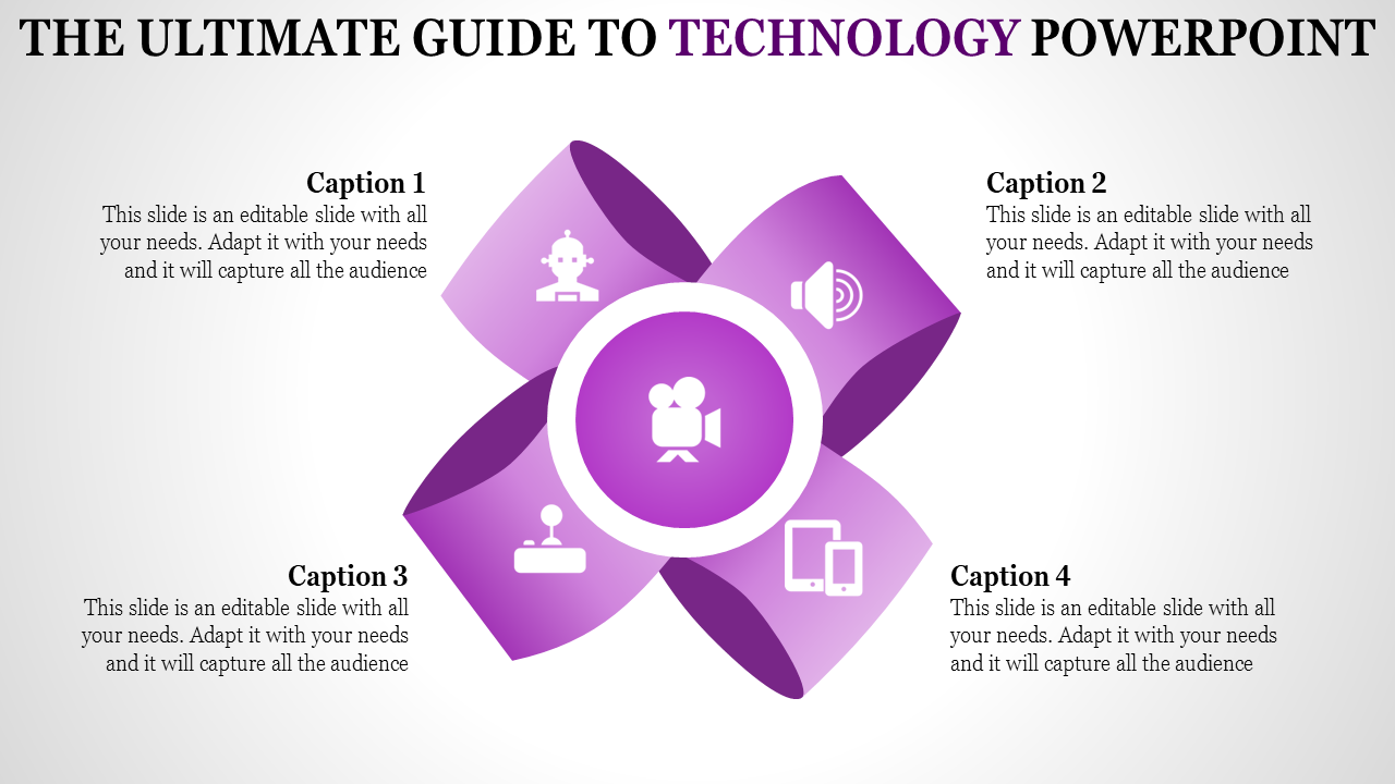 Technology-themed slide featuring a purple flower-like graphic with a video camera icon at the center and four captions.