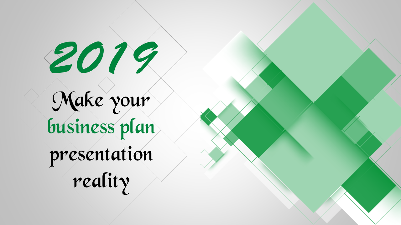 Modern design with green geometric accents and large 2019 text paired with 'Make your business plan reality.