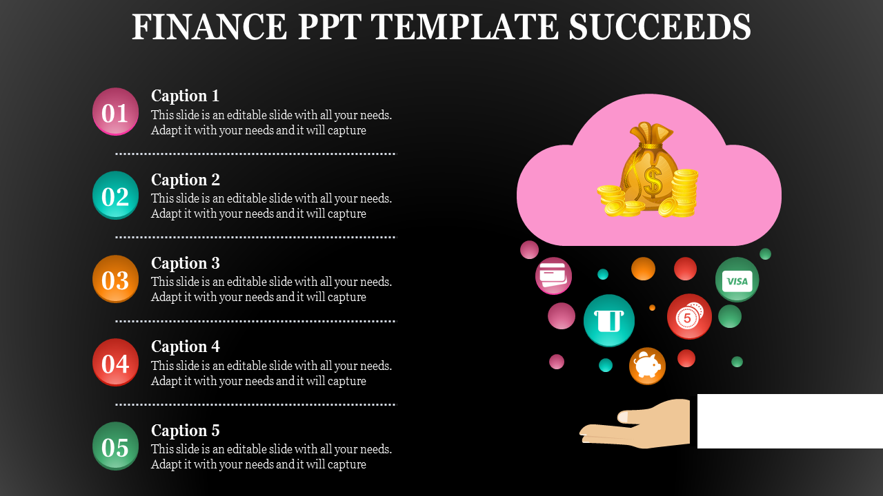 Dark themed slide with five numbered captions on the left and a pink cloud icon containing gold coins and a money bag.
