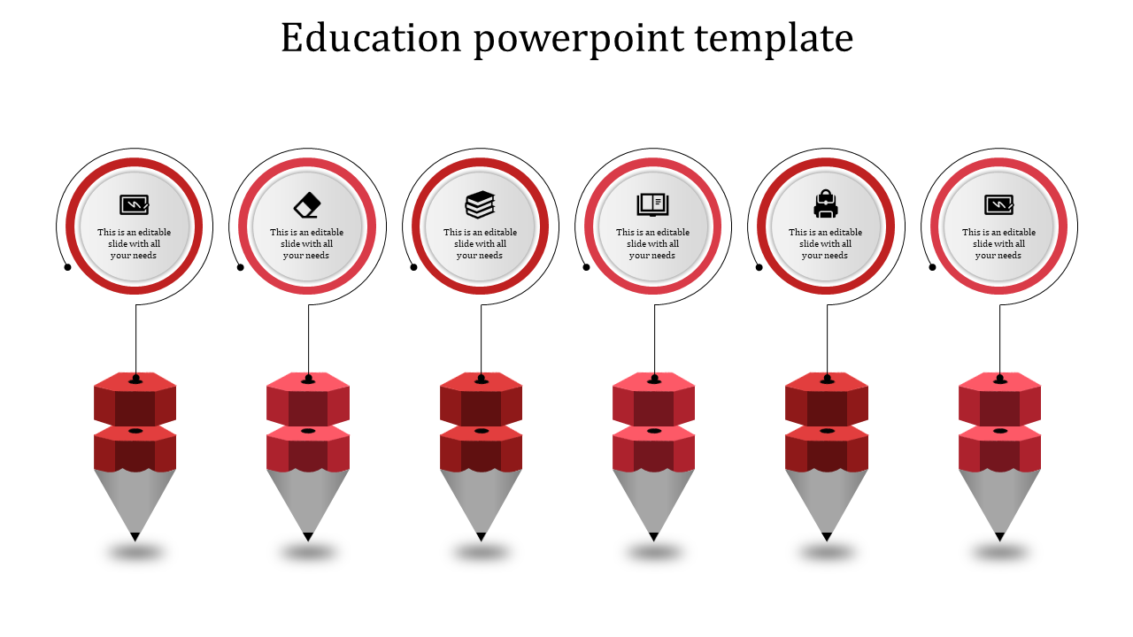 Education infographic with red pencil-shaped elements supporting circular icons for various academic and learning themes.