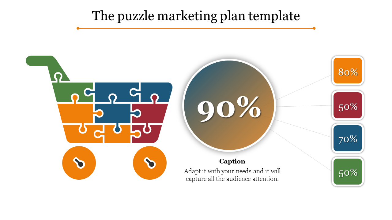 Shopping cart shaped puzzle design in green, blue, orange, and red pieces, with a circular percentage chart.