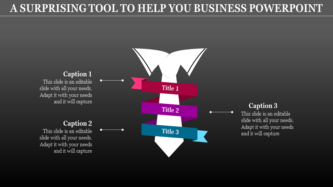 Business  slide with a white tie design and three colorful banners labeled with three titles paired with captions.