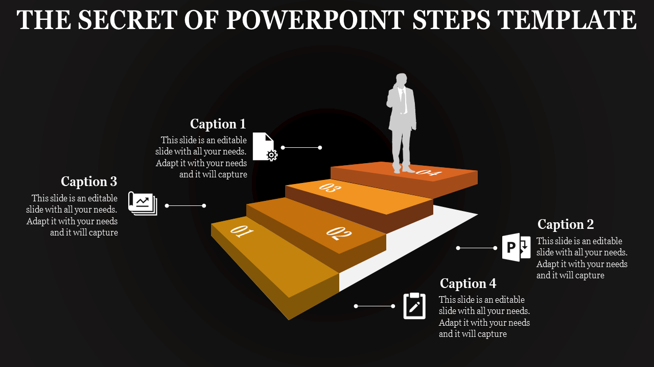 PowerPoint steps slide showing a person climbing four steps with icons representing different actions with captions.