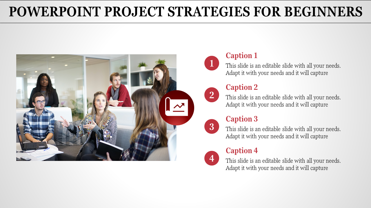 Project strategies slide for beginners with a group of people in a meeting, discussing ideas with captions and text.