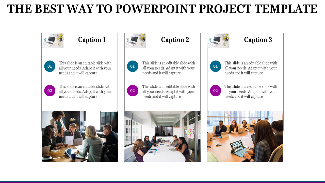 Slide layout with three columns, each featuring a header, numbered captions,   and images of meetings at the bottom.