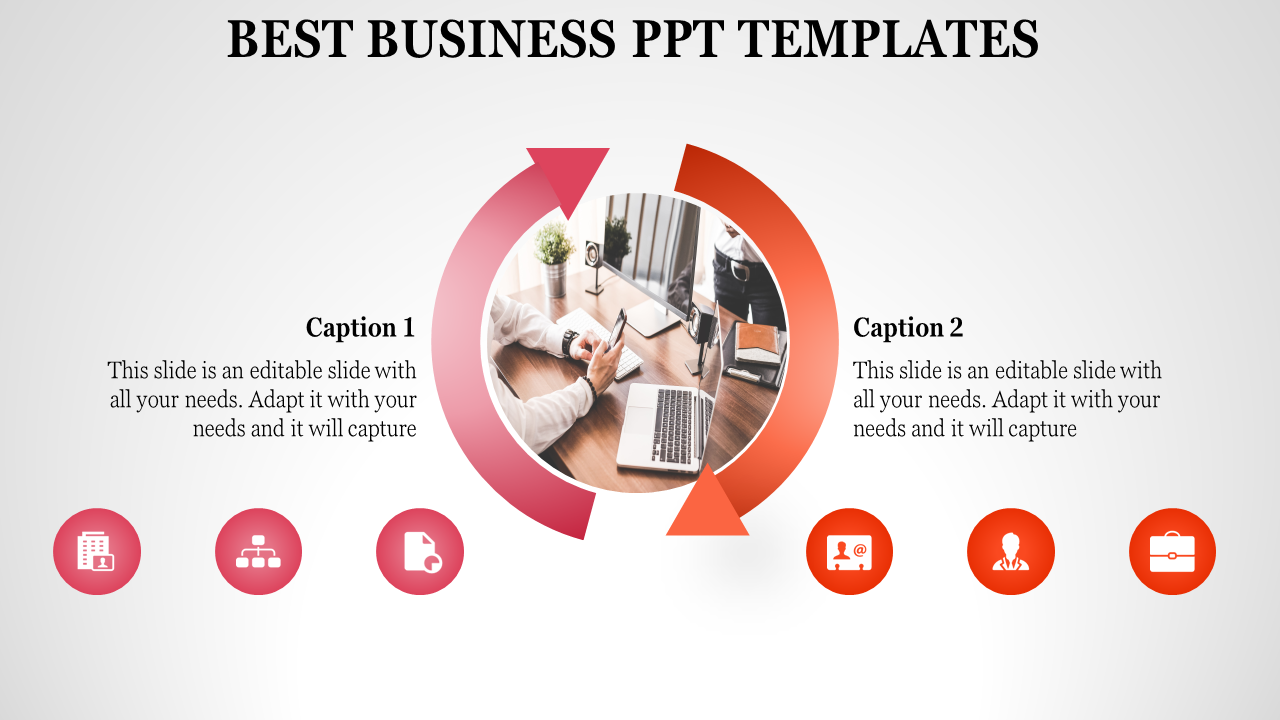 Business PPT slide featuring a circular design and icons for various business aspects such as documents, people, and offices.