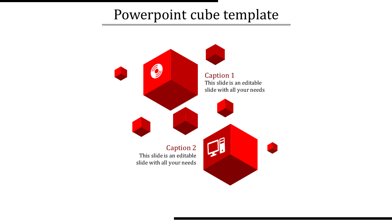 3D infographic slide with red cubes illustrating two concepts using icons and text in a clean layout.