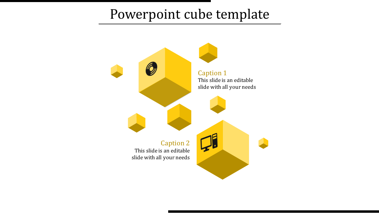 Yellow 3D cubes of varying sizes arranged in a scattered layout, with icons and two captions on a white background.