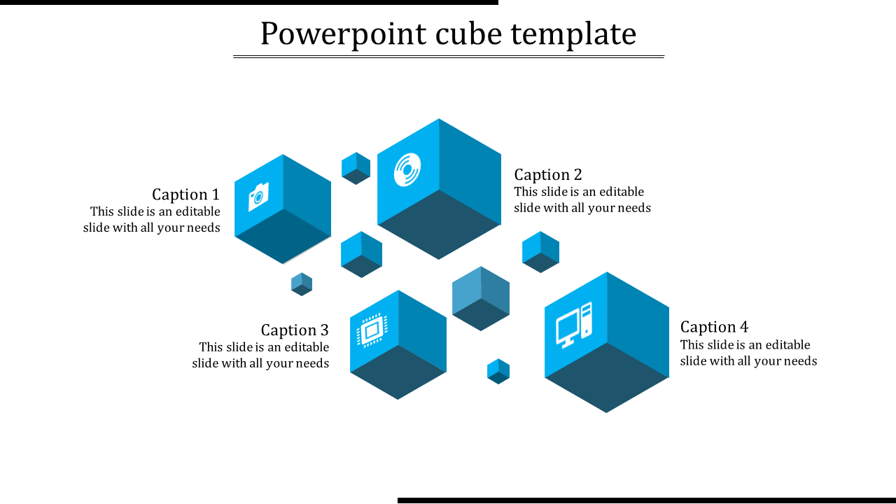 Cube PPT template with four blue cubes, each containing different icons and captions.