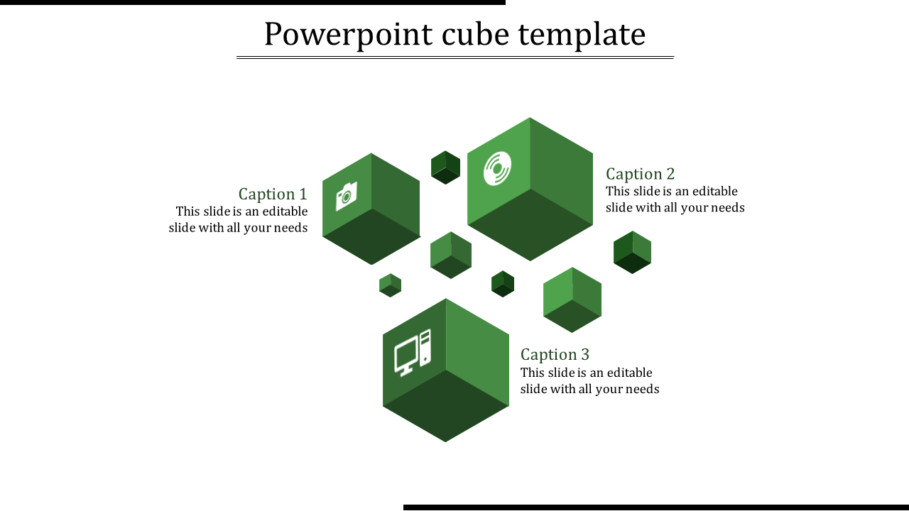 PowerPoint slide featuring green cubes with icons and captions with placeholder text.
