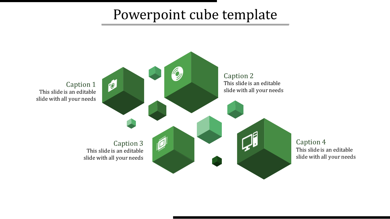 Cube PPT template displaying four cubes with different icons, each representing a step or idea with captions.