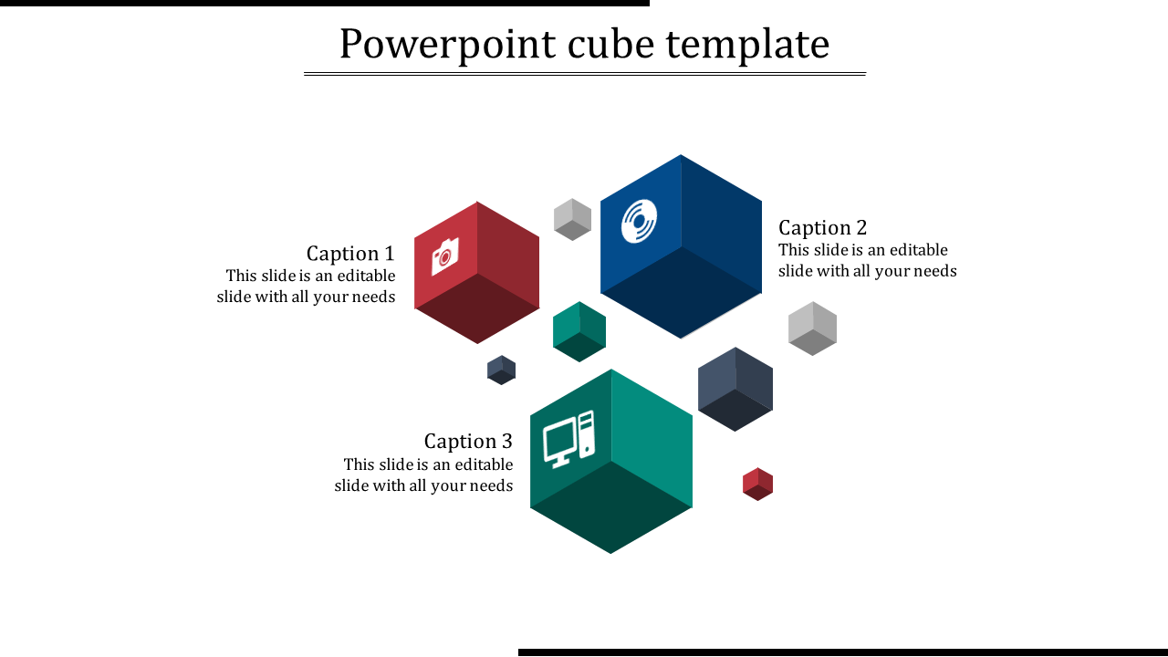 Cube PPT template with red, blue, and green cubes, each representing different sections with icons.