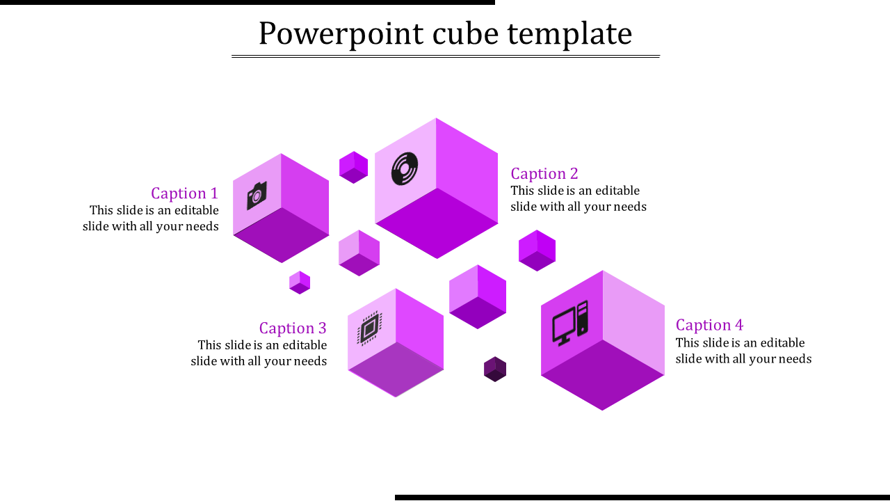 Purple cube PPT template featuring icons for photography, networking, electronics, and computers in floating cubes.