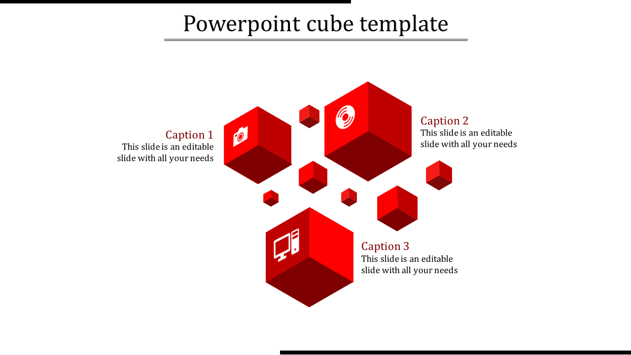 Red 3D cubes of varying sizes arranged in a scattered layout, with icons and three captions on a white background.