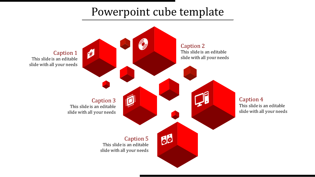 Template with large and small red cubes displaying various icons and five captions around them.