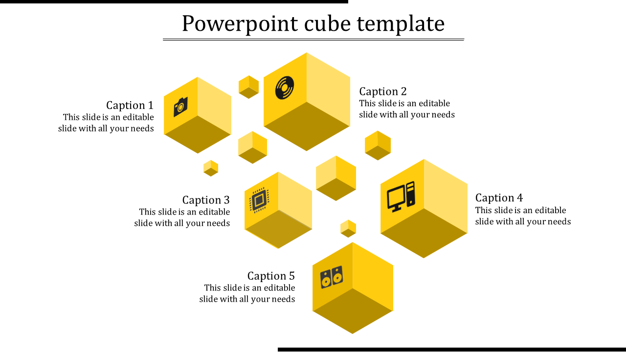 Slide with yellow 3D cubes arranged in a scattered layout, each featuring icons and five captions on a white background.