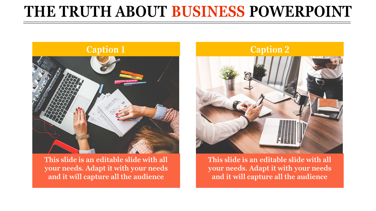 Slide design with a business theme, including two images of professional workspaces and placeholder text areas.
