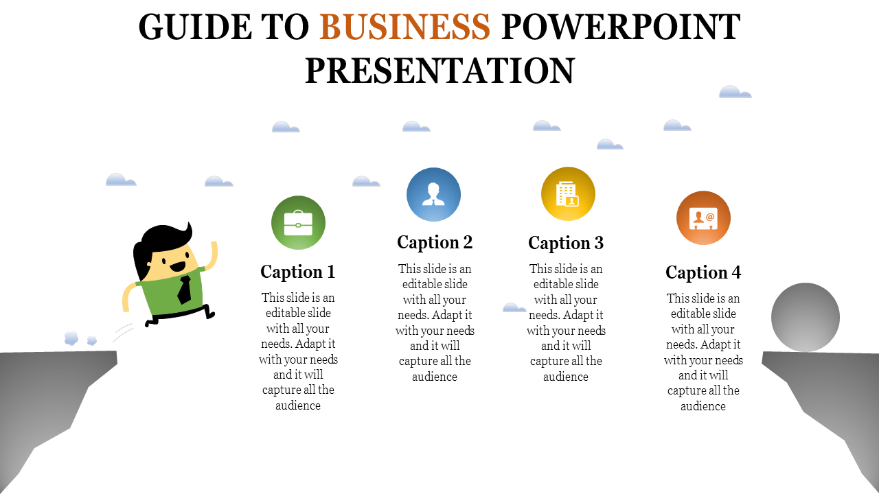 Business themed slide with a cartoon man leaping off a cliff and four colorful icons with captions arranged horizontally.