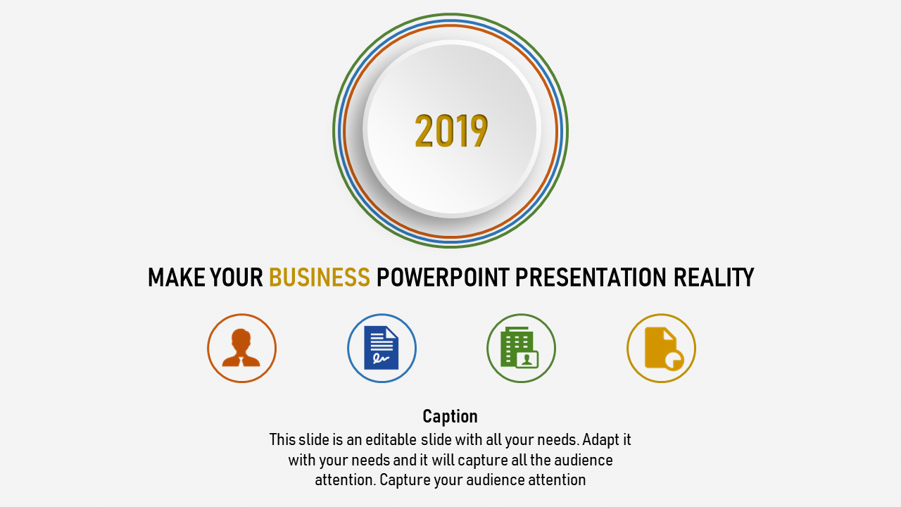 Centered circular design with vibrant colored rings surrounding 2019 text, and icons below in orange, blue, green, and gold.
