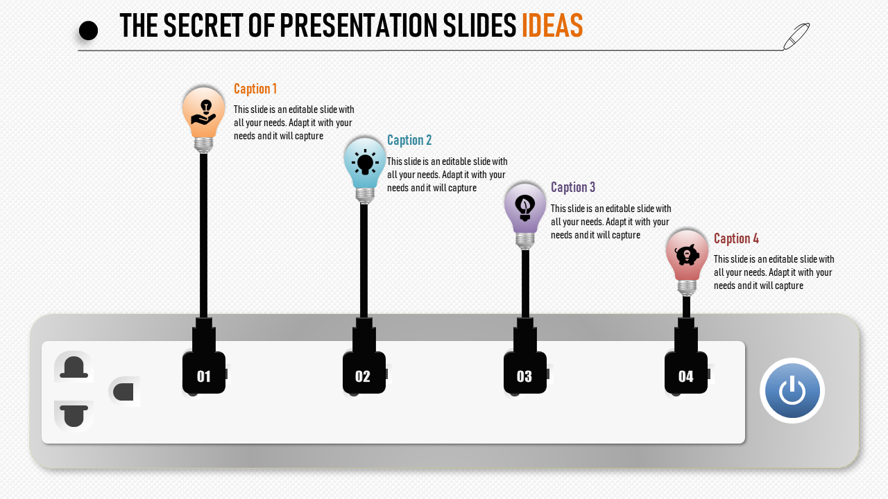 Illustration of a power strip with four light bulbs in orange, blue, purple, and red, on black cords showing creative ideas.