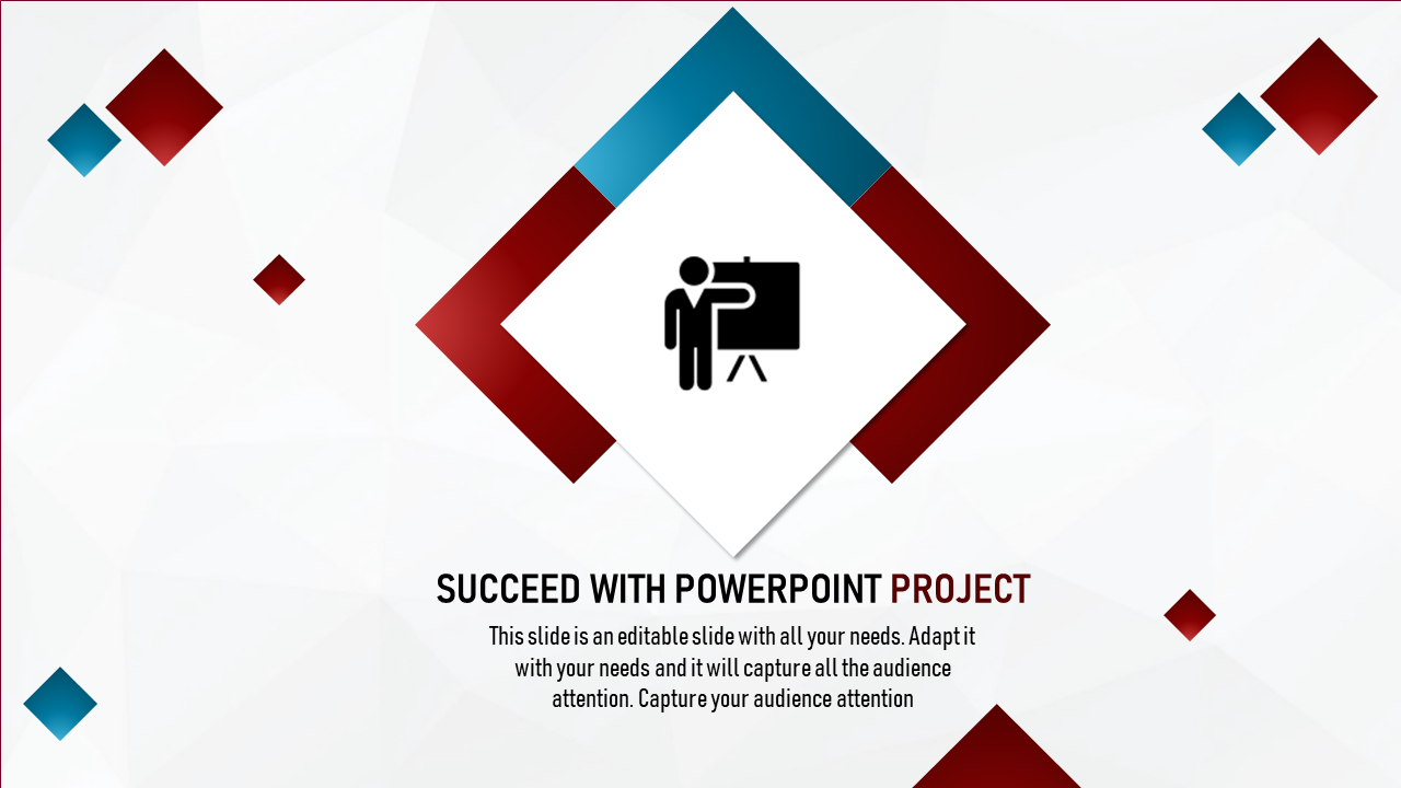 Modern project slide with a central icon of a person presenting, framed by red and blue diamond shapes.