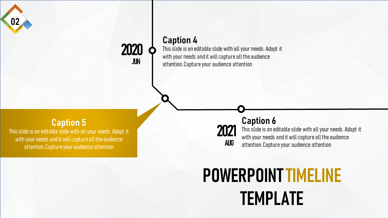 Horizontal timeline showing 2020 and 2021 milestones connected by a black line, with a bold yellow callout.