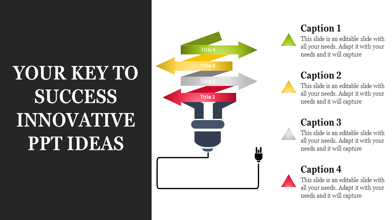 PowerPoint slide with an image of colorful arrows pointing to a light bulb, symbolizing innovative ideas with captions.