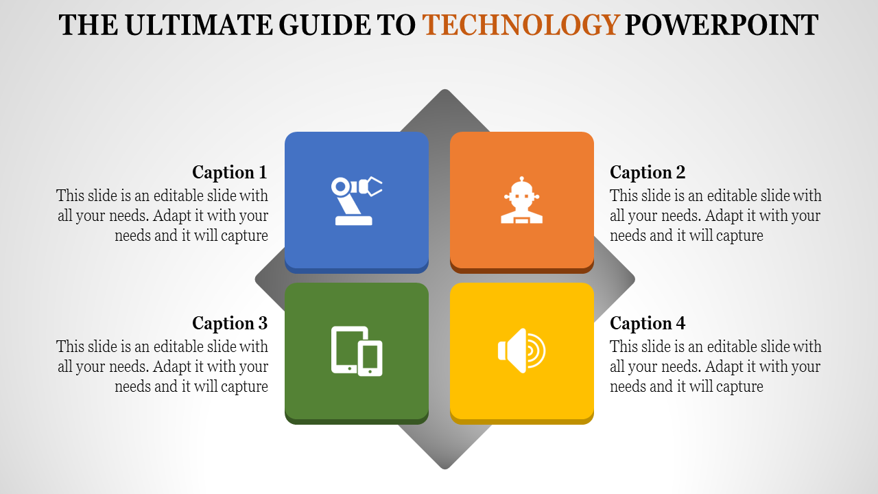 Square design with captions and icons for robotics, AI, devices, and audio, highlighting technology concepts.