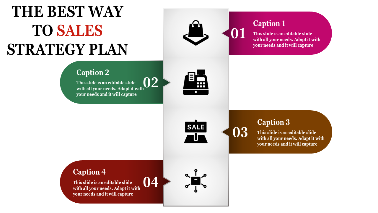 Sales strategy design featuring numbered captions in magenta, green, brown, and red, with icons representing sales processes.