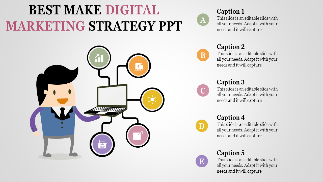 PowerPoint slide showing a character with a laptop and icons for digital marketing strategies with captions.