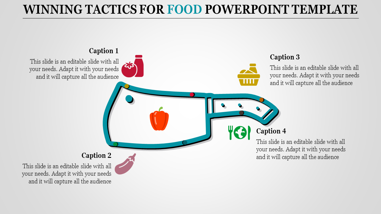 Knife shaped infographic in teal outline with four vibrant food icons and captions for culinary presentations.