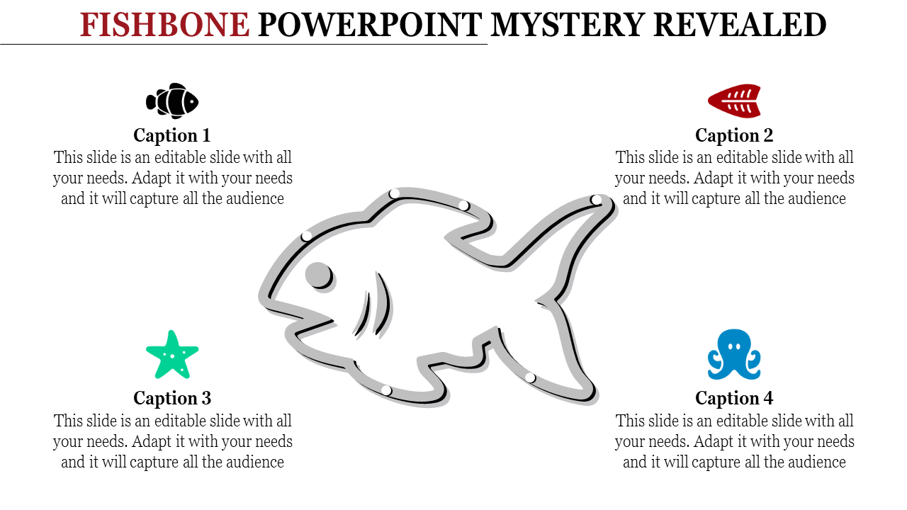 Grayscale fish diagram with four captions featuring icons like a starfish, octopus, and fishbone for creative infographics.