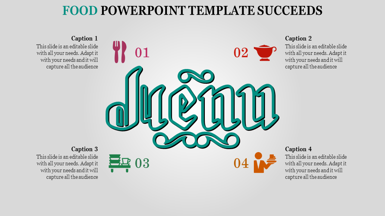 Food PPT slide featuring icons for various with captions including a menu title.