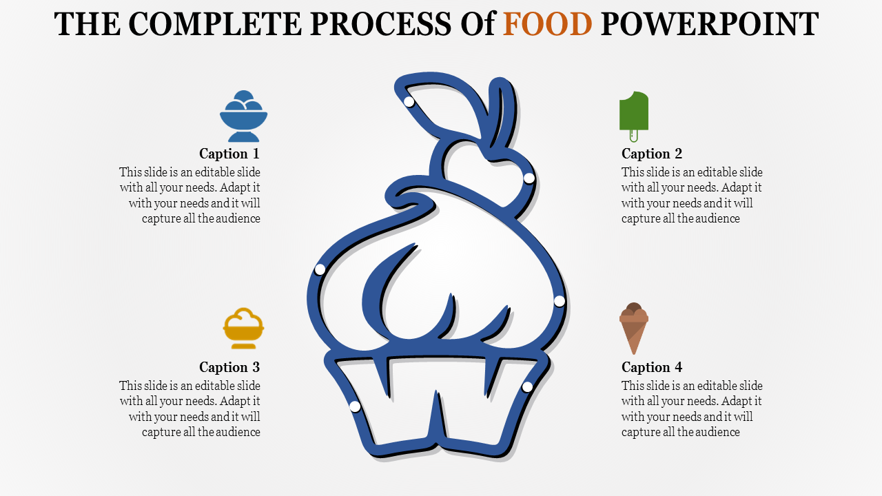 Food PowerPoint template featuring a cupcake, ice cream, and a popsicle with four captions.