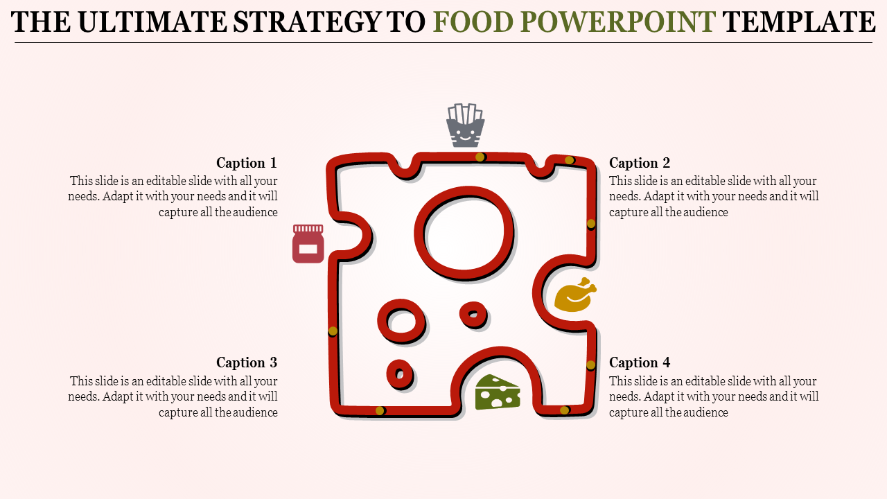 Creative food presentation template featuring puzzle shaped sections and food related icons.