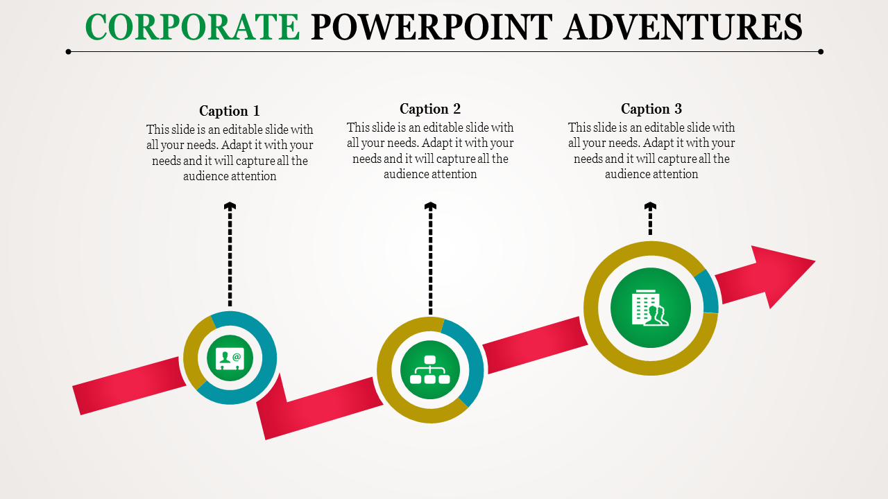 Corporate PPT slide with three icons linked by red arrows with captions.