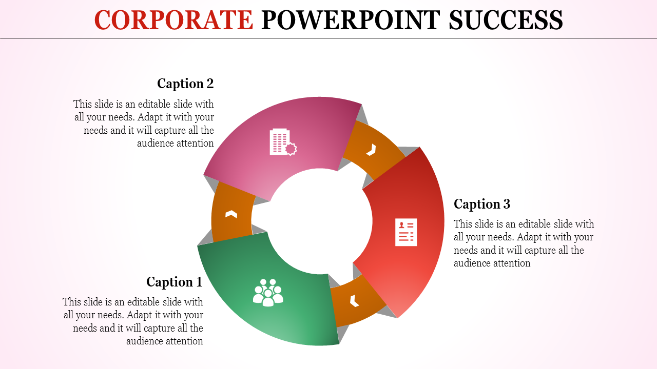Corporate PowerPoint slide with a circular diagram representing business processes and four captions with icons.