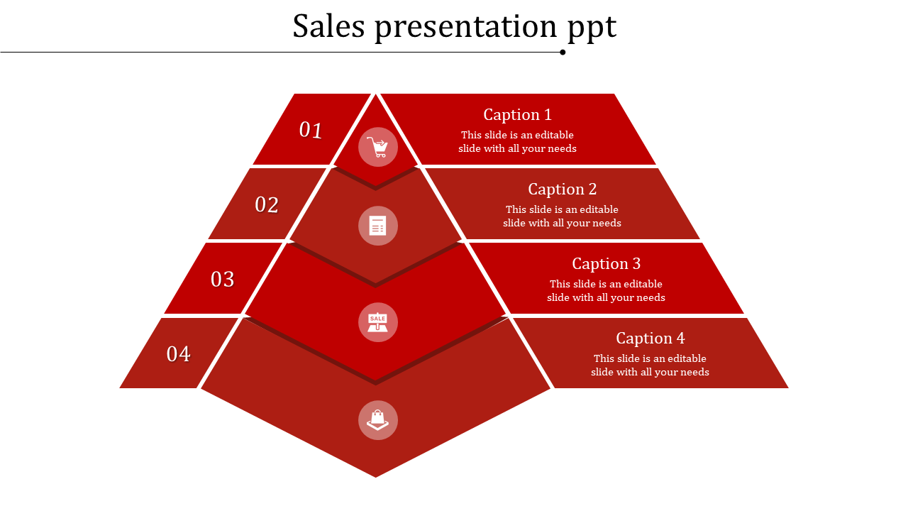 Sales presentation slide with a red pyramid design, four levels, captions, and sales related icons.