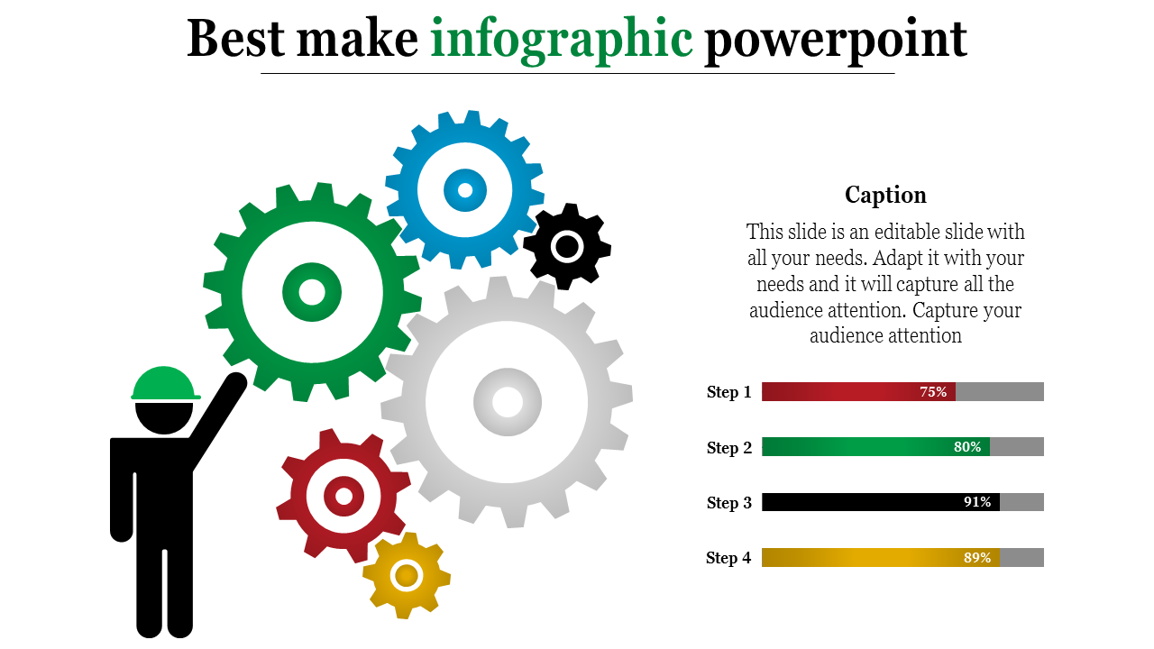 Illustration of colorful gears in green, blue, red, yellow, and gray with a figure, and four progress bars depicting steps.