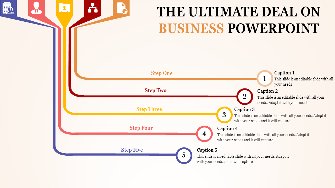A business PowerPoint slide showing five steps with colored arrows and captions for each step with placeholder text.