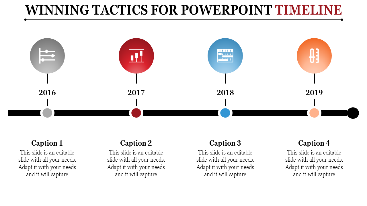 A timeline infographic PowerPoint slide with icons representing different years from 2016 to 2019, along with captions.