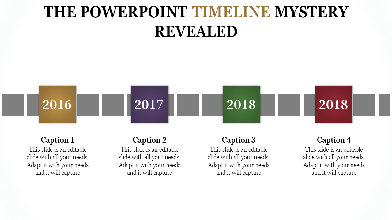Horizontal timeline with milestones for the years 2016 to 2018 in gold, purple, green, and red squares.
