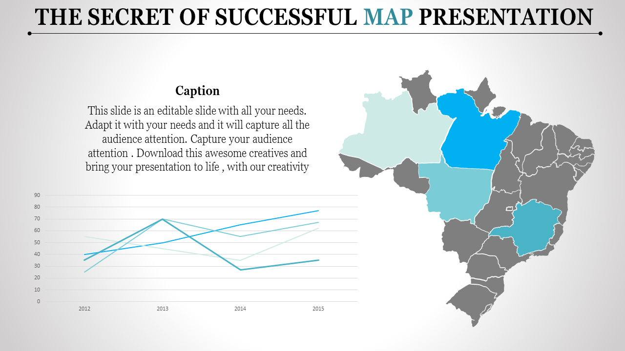 Map PPT slide with a regional map and line graph, illustrating the success of a specific metric across different regions.
