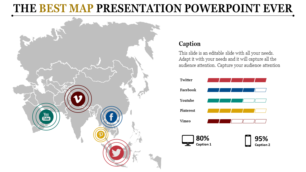 PowerPoint map presentation showing social media platforms like YouTube, Facebook, and Twitter, along with usage percentages.