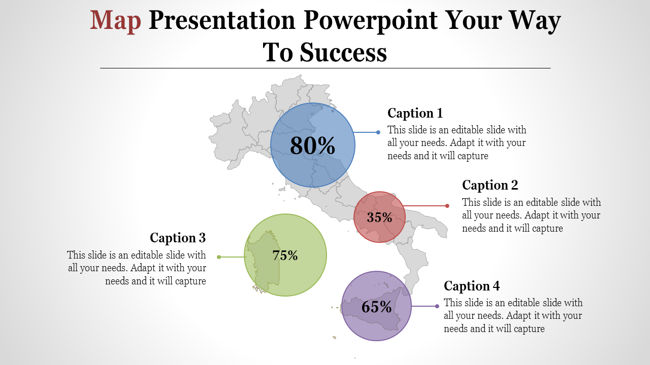 Map PowerPoint slide with color coded regions and percentage indicators for each area with captions.