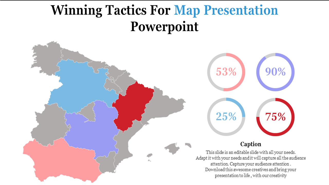 Map layout highlighting regions in blue, red, purple, and orange with circular percentage graphics on the right.
